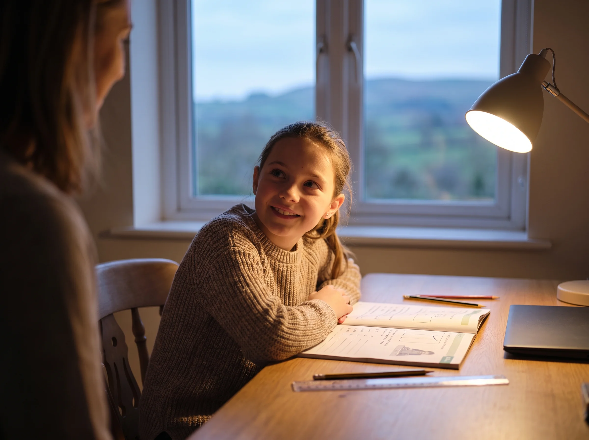 A pupil at the desk, seen from the side, looking up and smiling at Anna just out of frame in soft lamplight