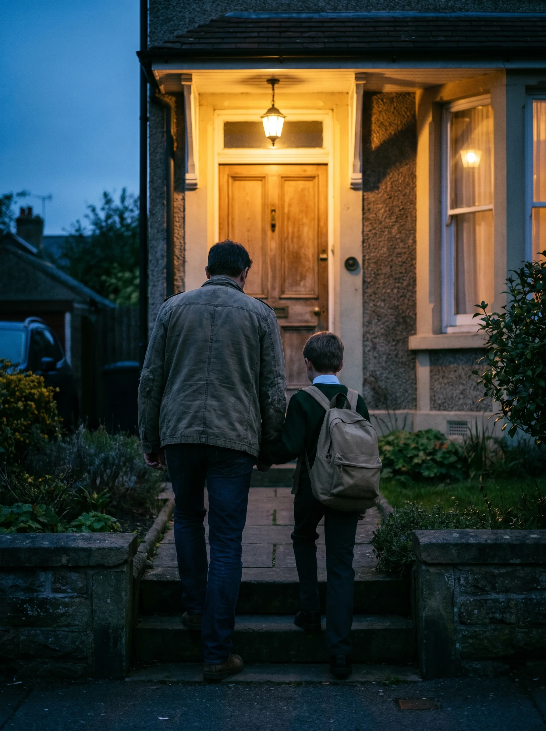 A parent and child with a school bag arriving at the study room door in early evening light, seen from the side