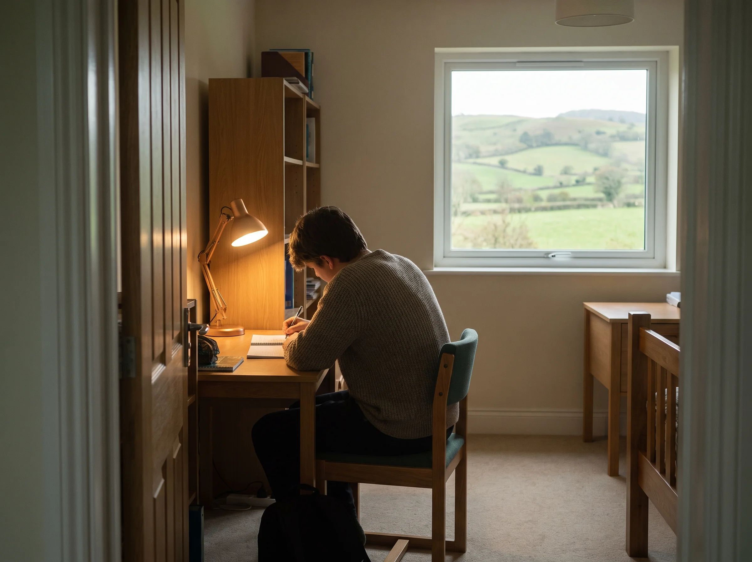 Anna's lamplit study room seen from the doorway, a pupil at work at the desk and green countryside through the window