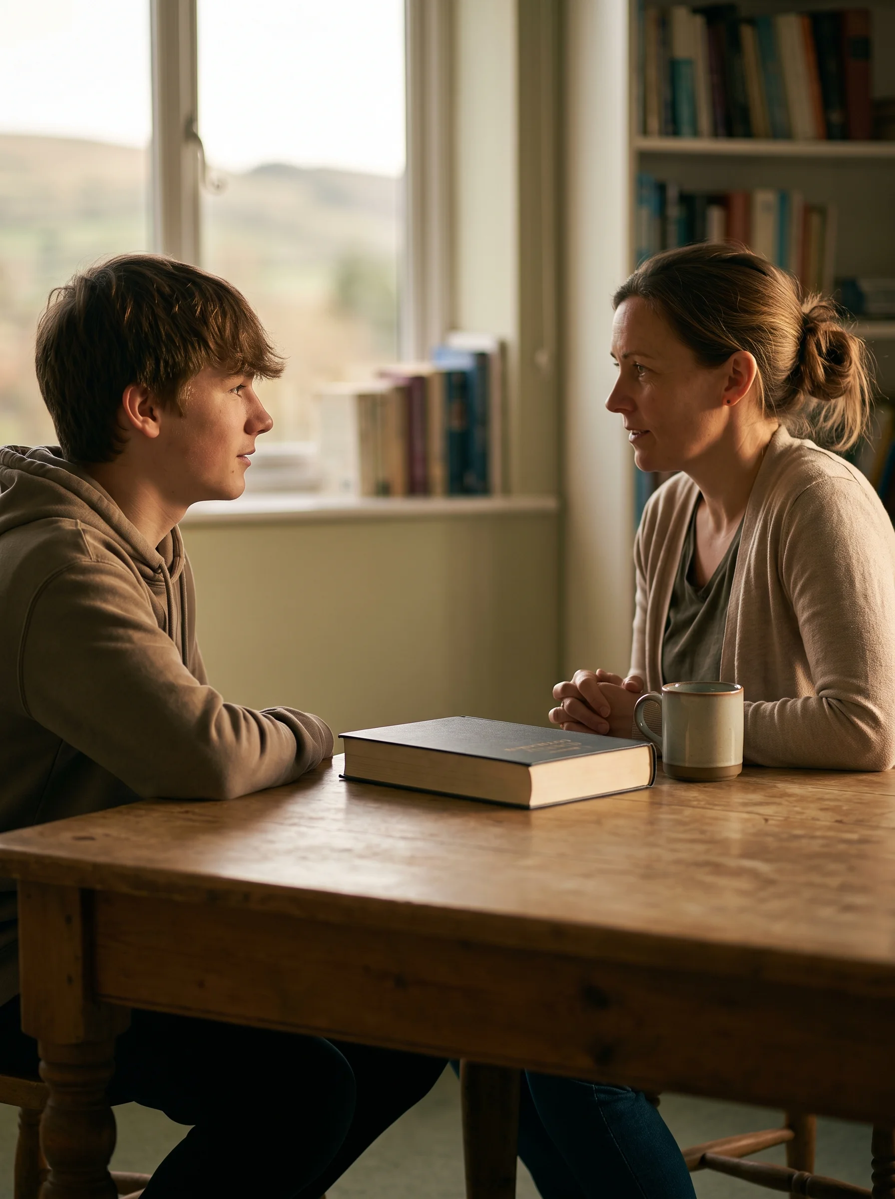 A pupil and Anna in profile at the study room table, a closed textbook and a mug between them