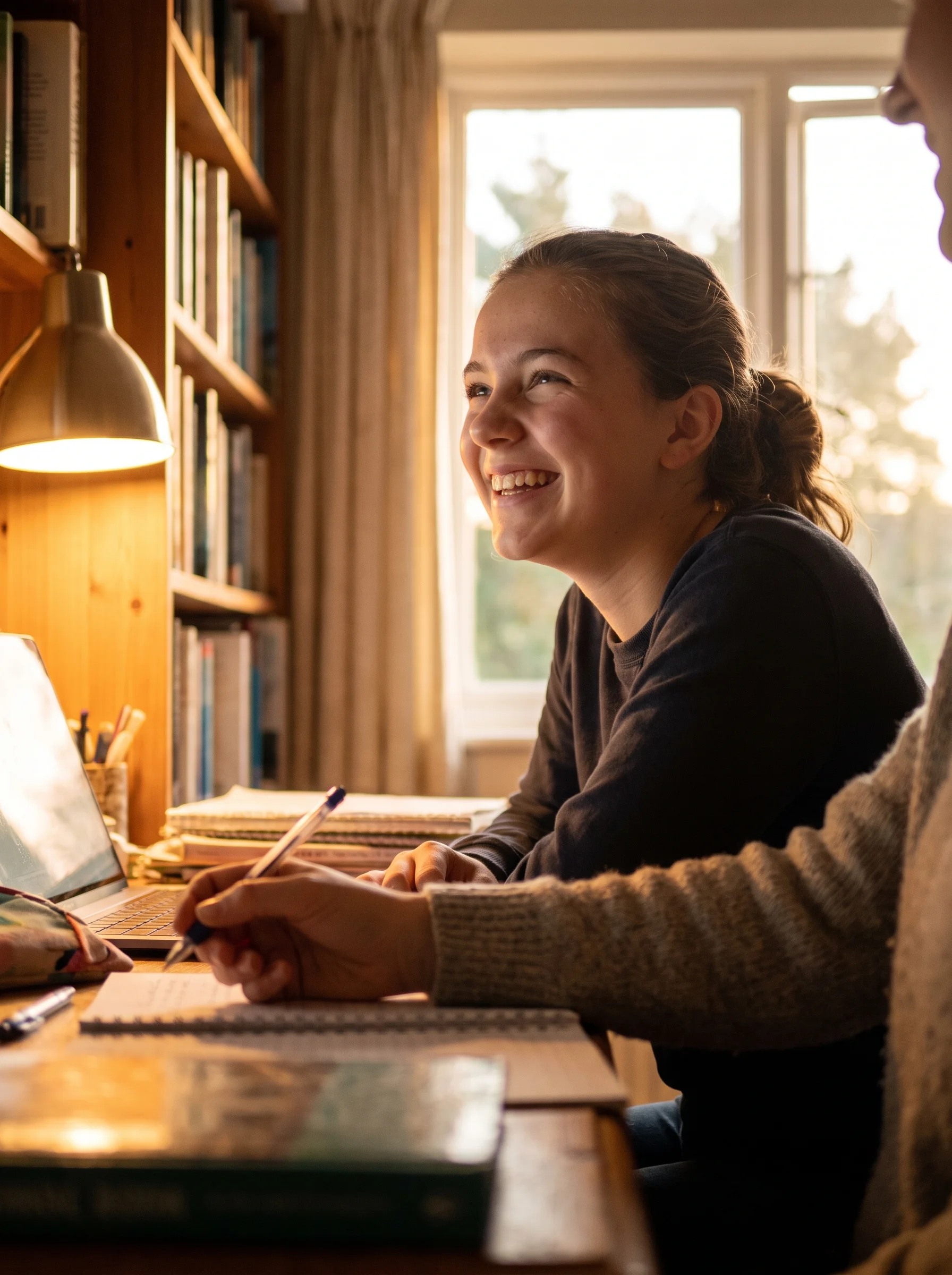 An older pupil looking up with a smile at the desk in warm evening light, Anna's shoulder at the edge of the frame