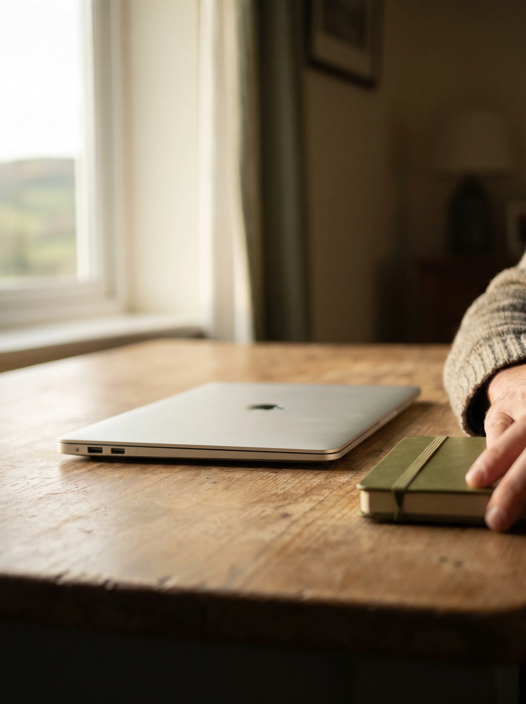 A laptop seen edge-on on the study room table during an online session, Anna's hands and a notebook beside it