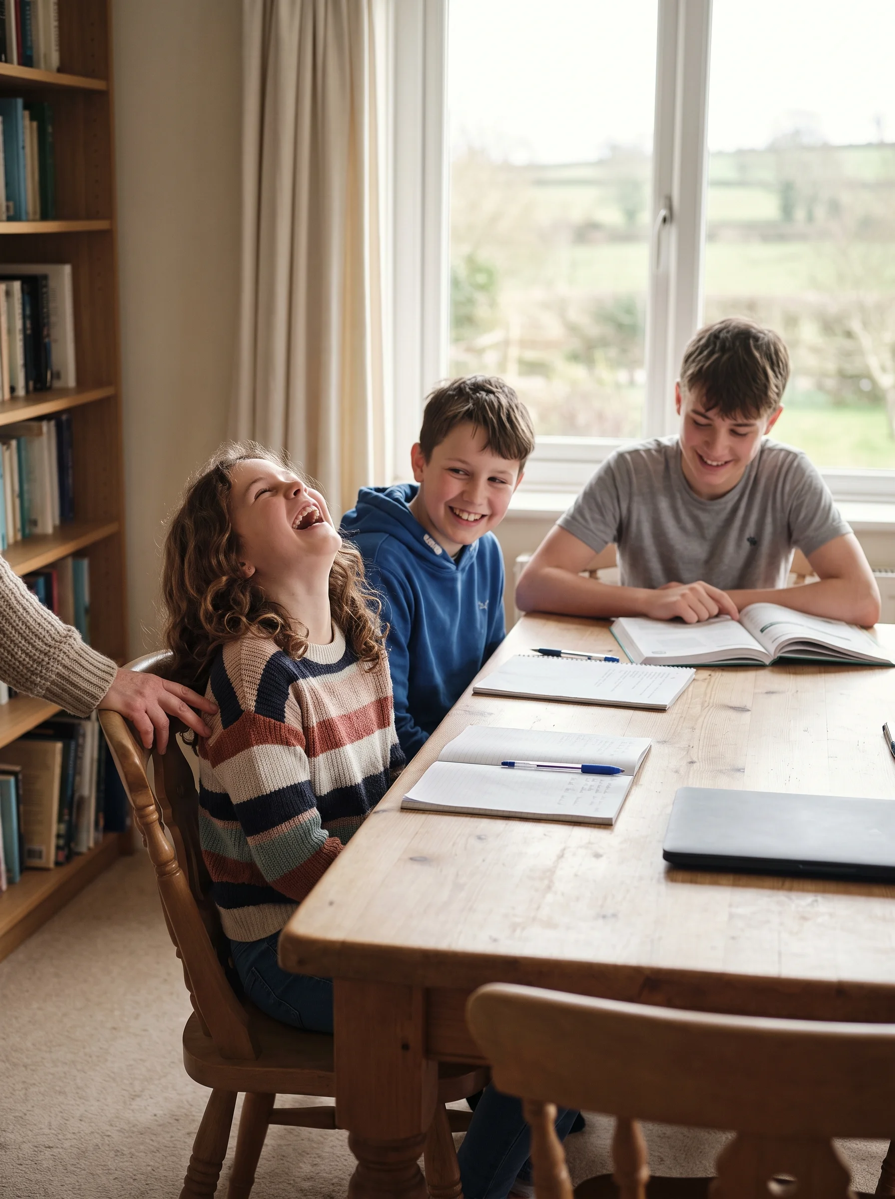 Three children working together at the study room table, one laughing, with Anna's hand resting on the back of a chair