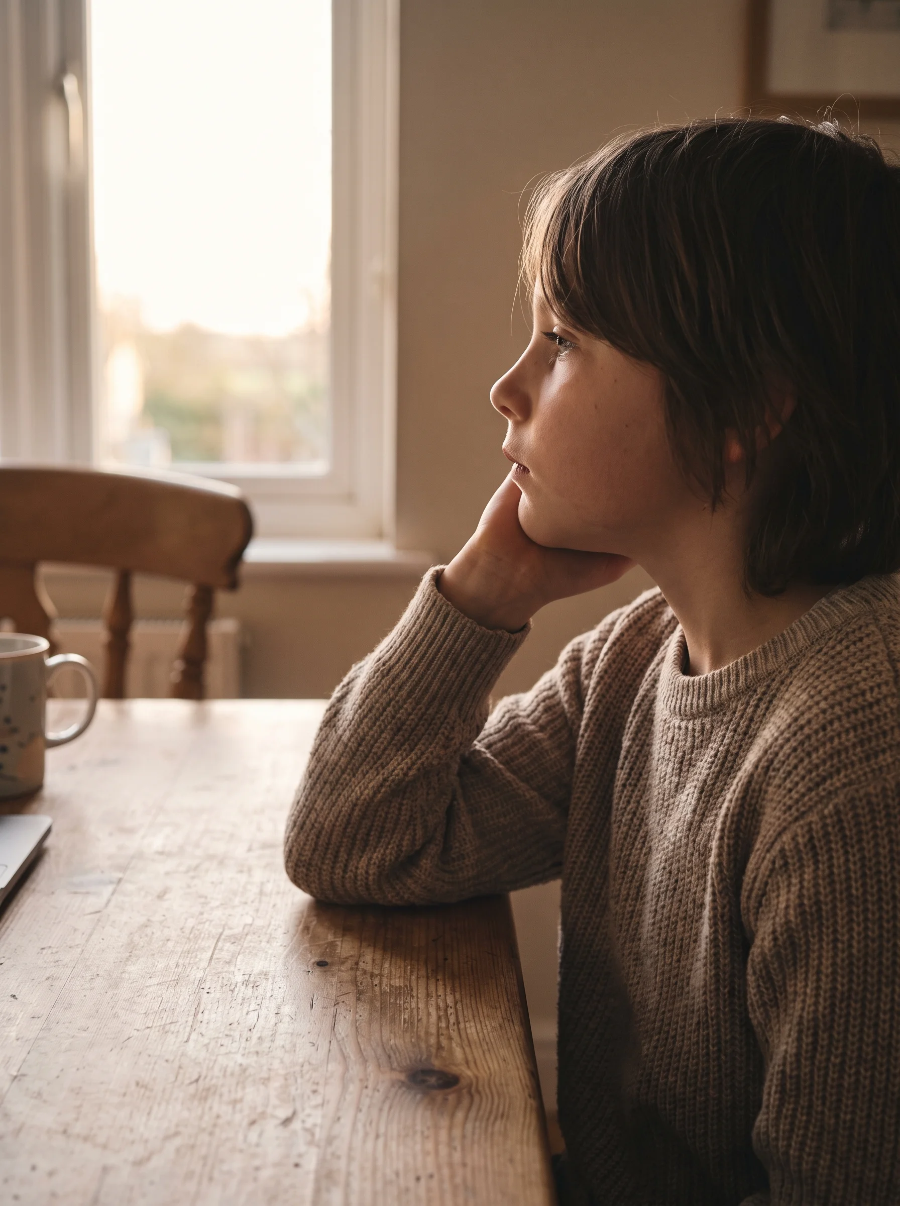A child in a knitted sweater sits at a wooden table in profile with their chin resting in their hand, looking toward a window.