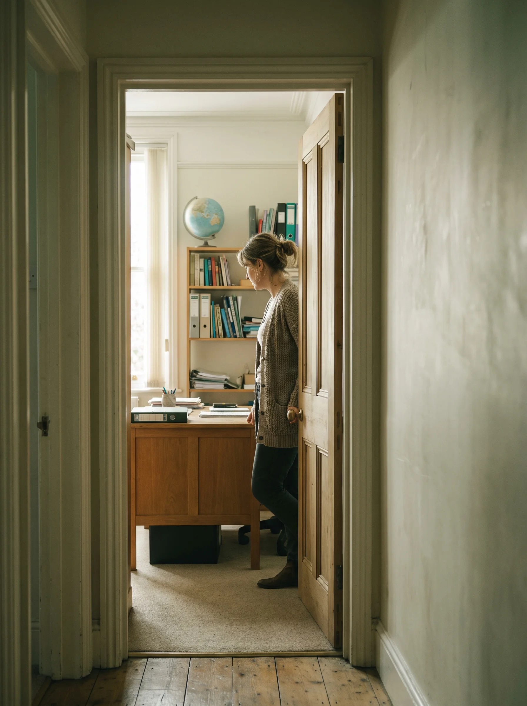 Anna standing in the study room doorway, half-turned back towards the room, in soft natural light