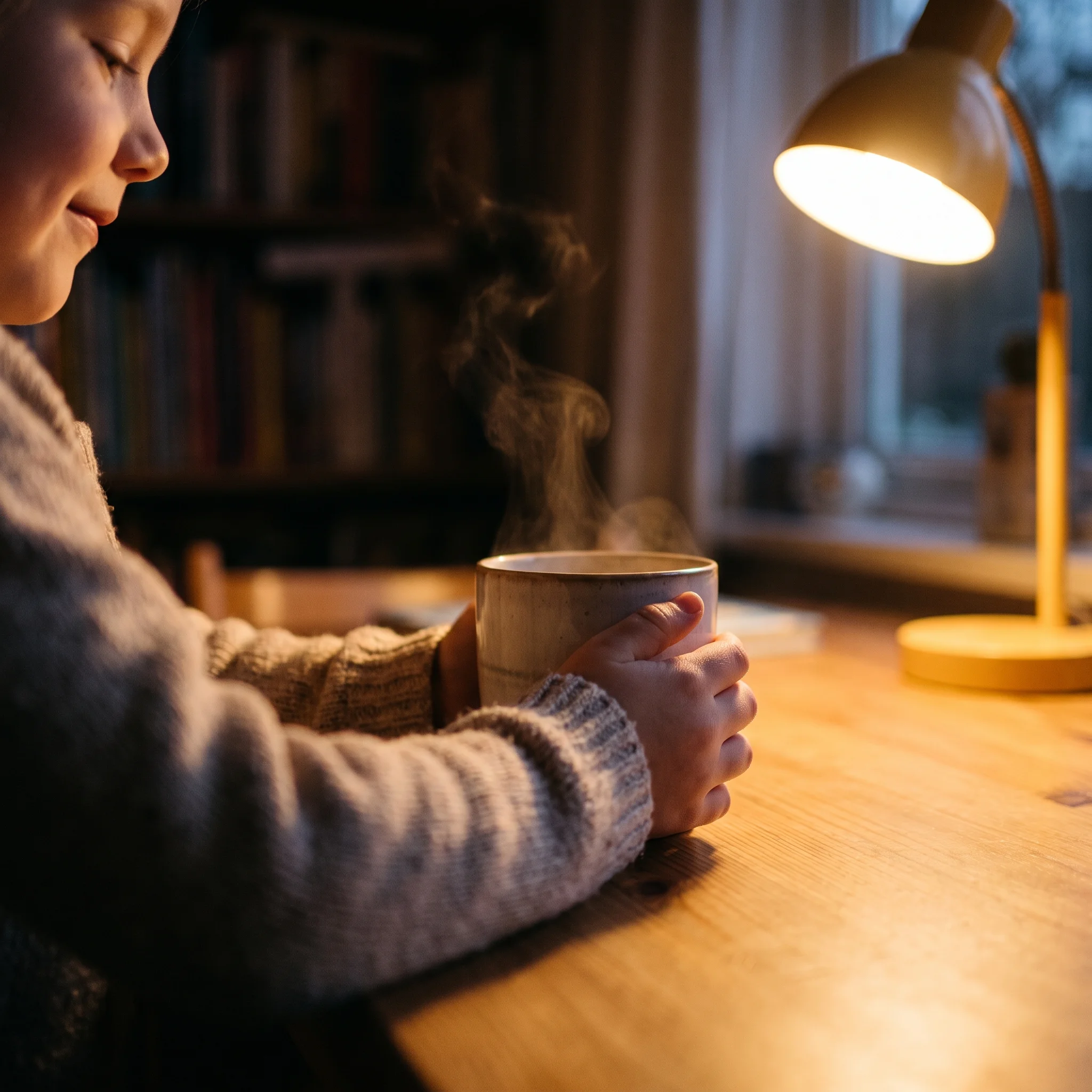 A child's hands around a mug at the study room table in soft lamplight, a smile just in frame
