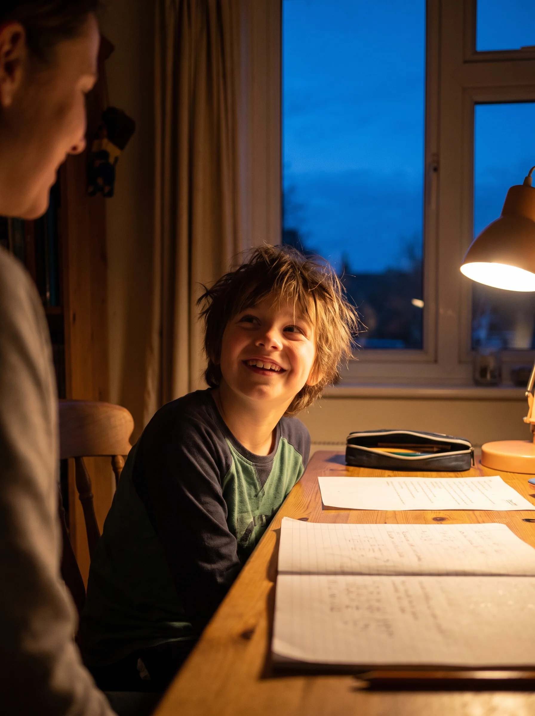 A child sits at a wooden desk under a desk lamp, looking up and smiling toward a person whose face is partially visible in the left foreground.