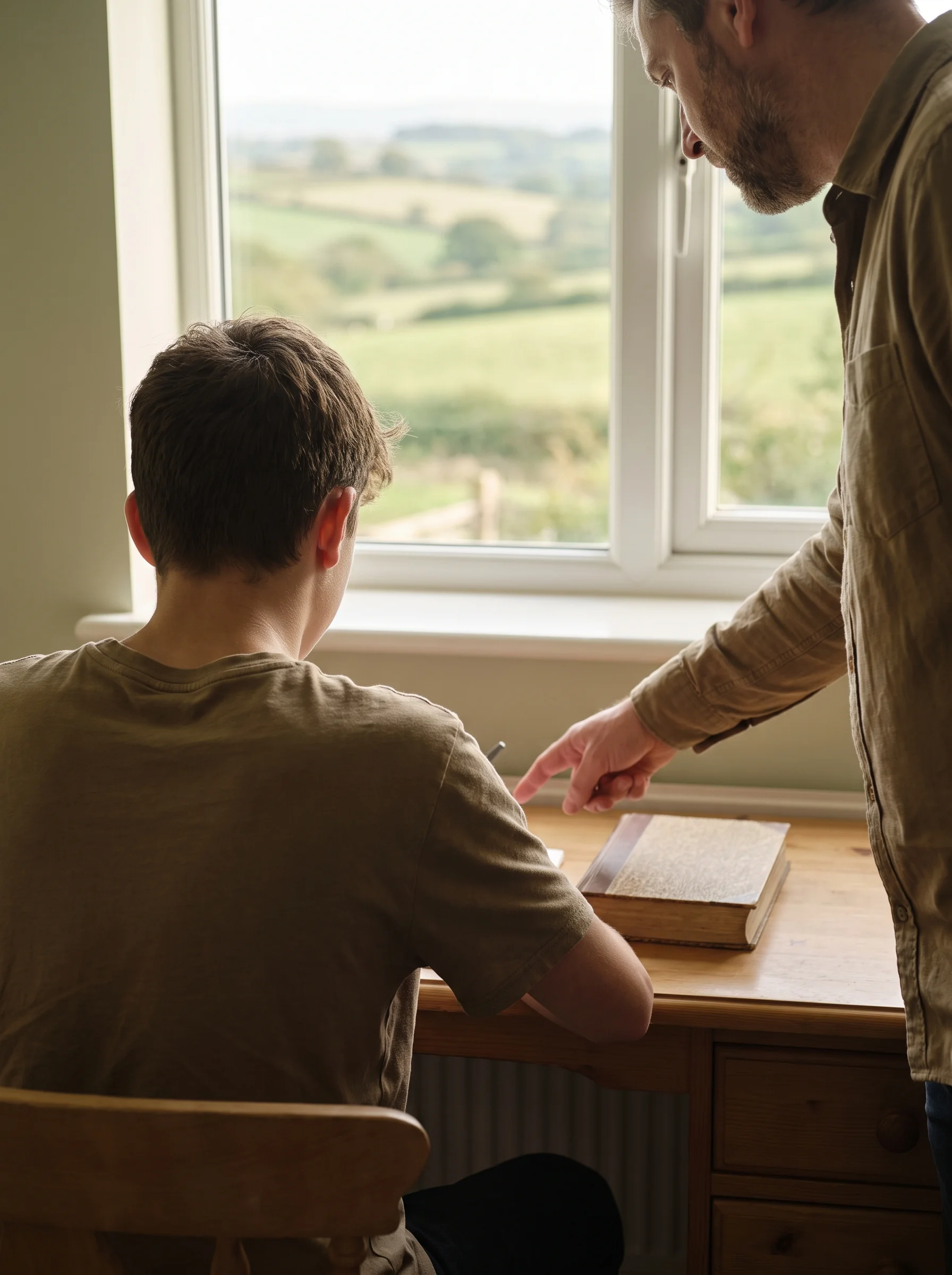 A teenager at a desk seen from behind, with a man standing beside them pointing at a closed book, and hills visible through the window.