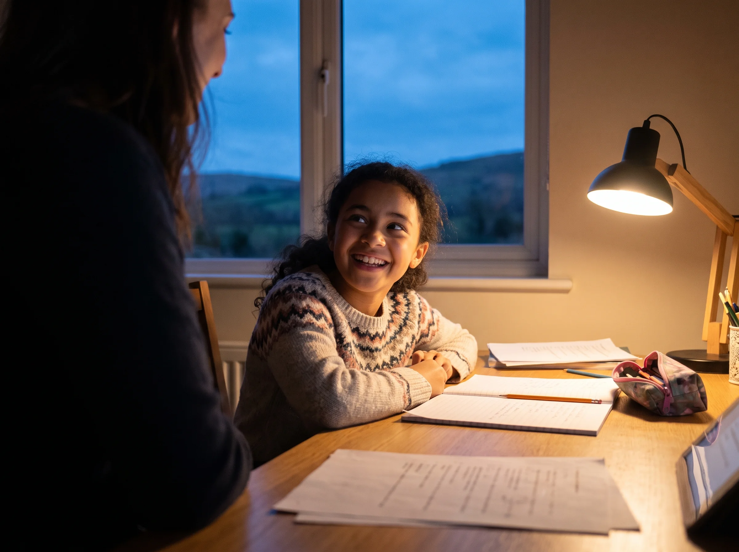 A pupil at the desk looking up and smiling at Anna, who is just out of frame, in the lamplit study room at dusk