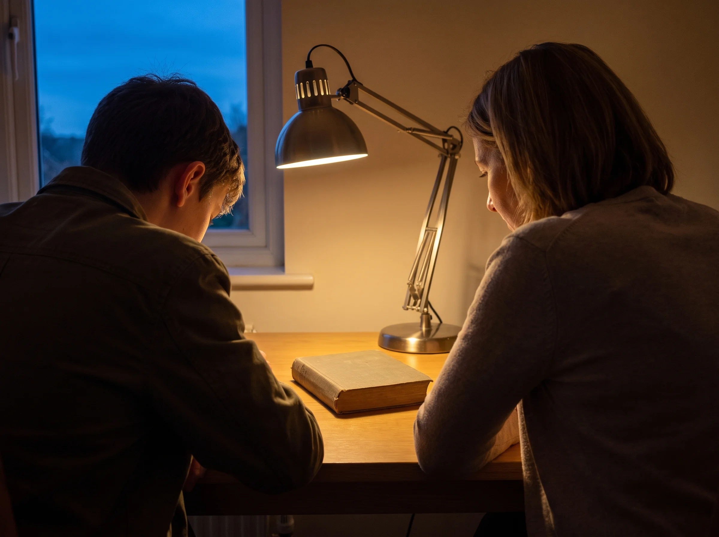 An older pupil and Anna seen from behind at the lamplit desk, both leaning towards a closed book
