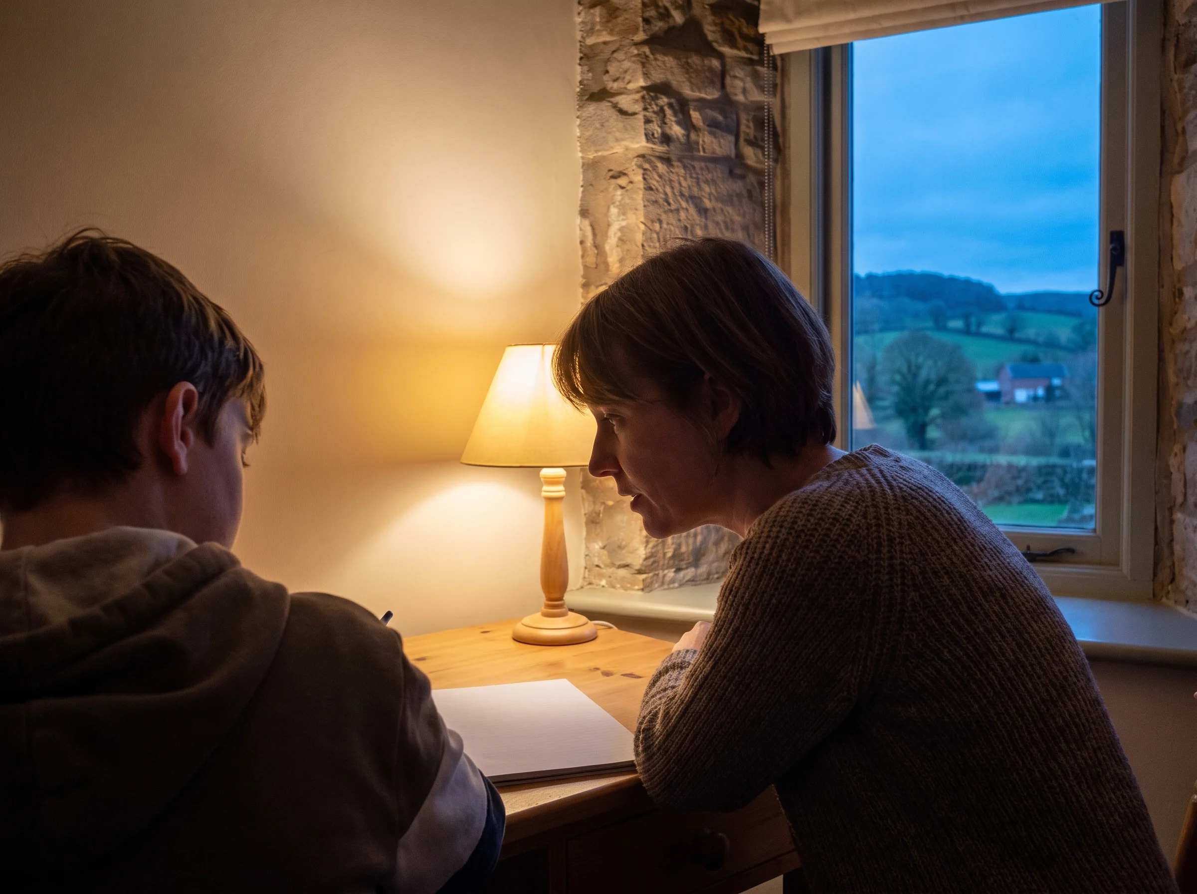 Anna in profile beside a pupil at the lamplit desk, pointing at the page, with the countryside fading to dusk through the window
