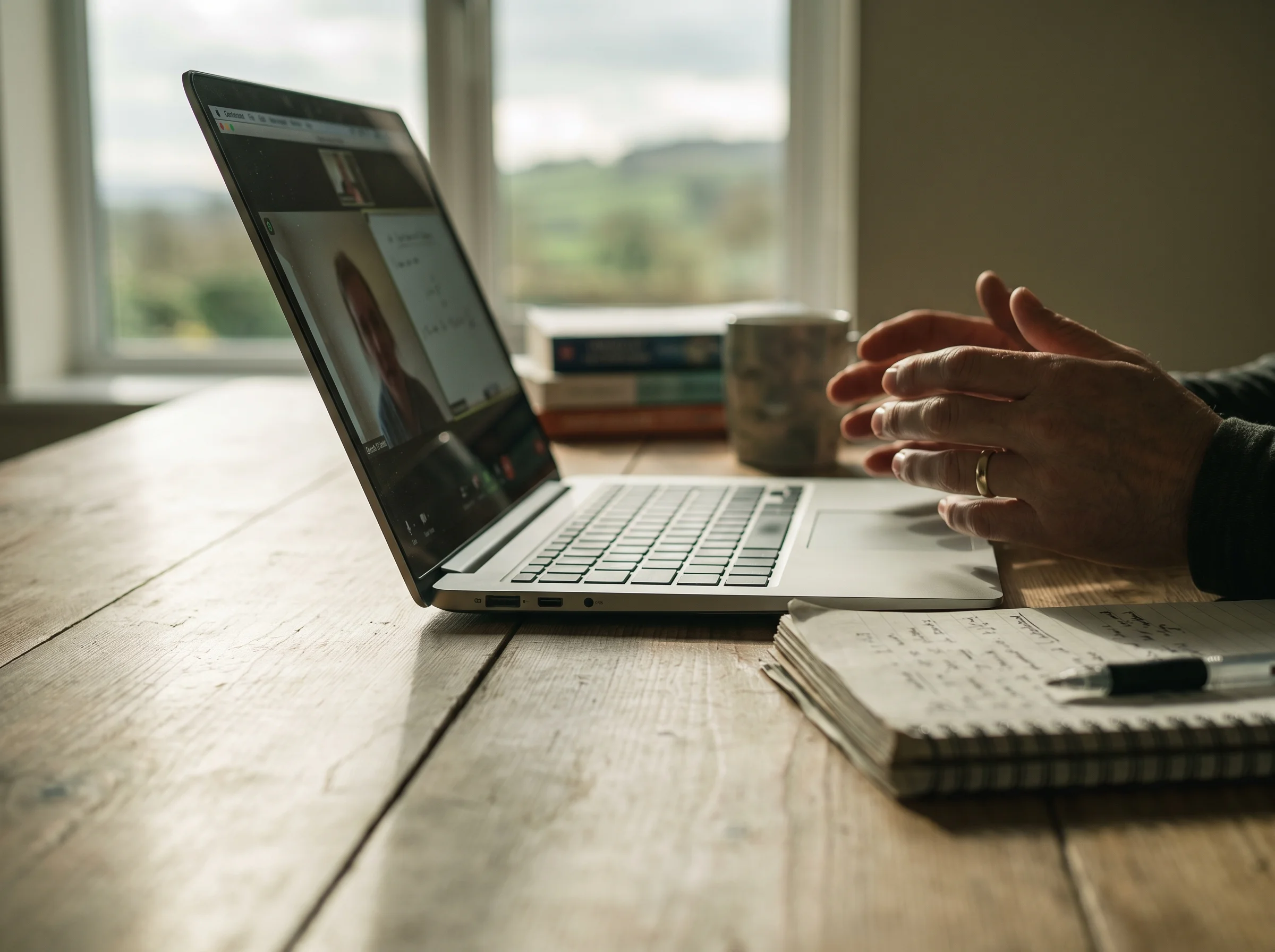 A laptop seen from the side on the study room table during an online session, Anna's hands and a notebook beside it