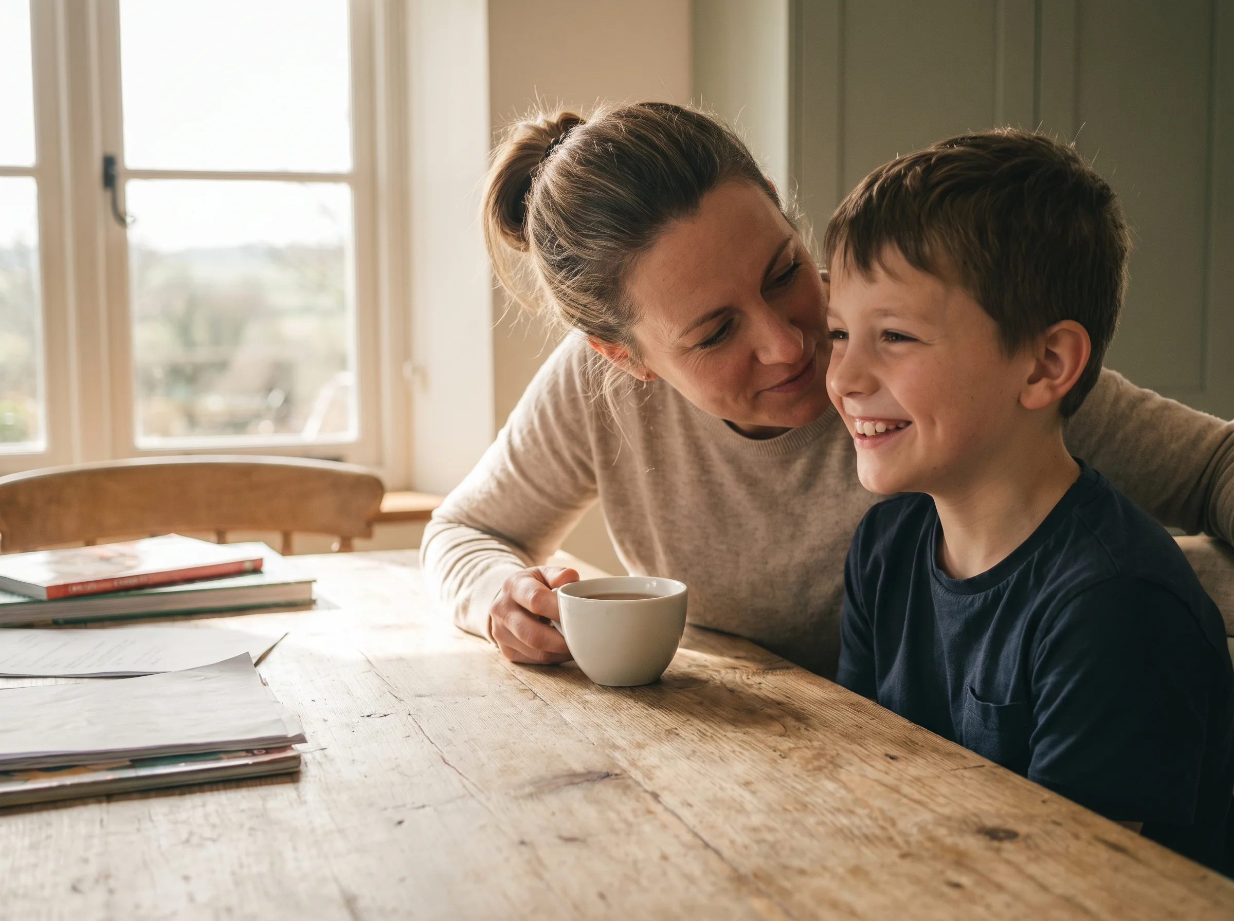 A parent and child at their kitchen table at home, the child smiling at something off to the side in warm afternoon light