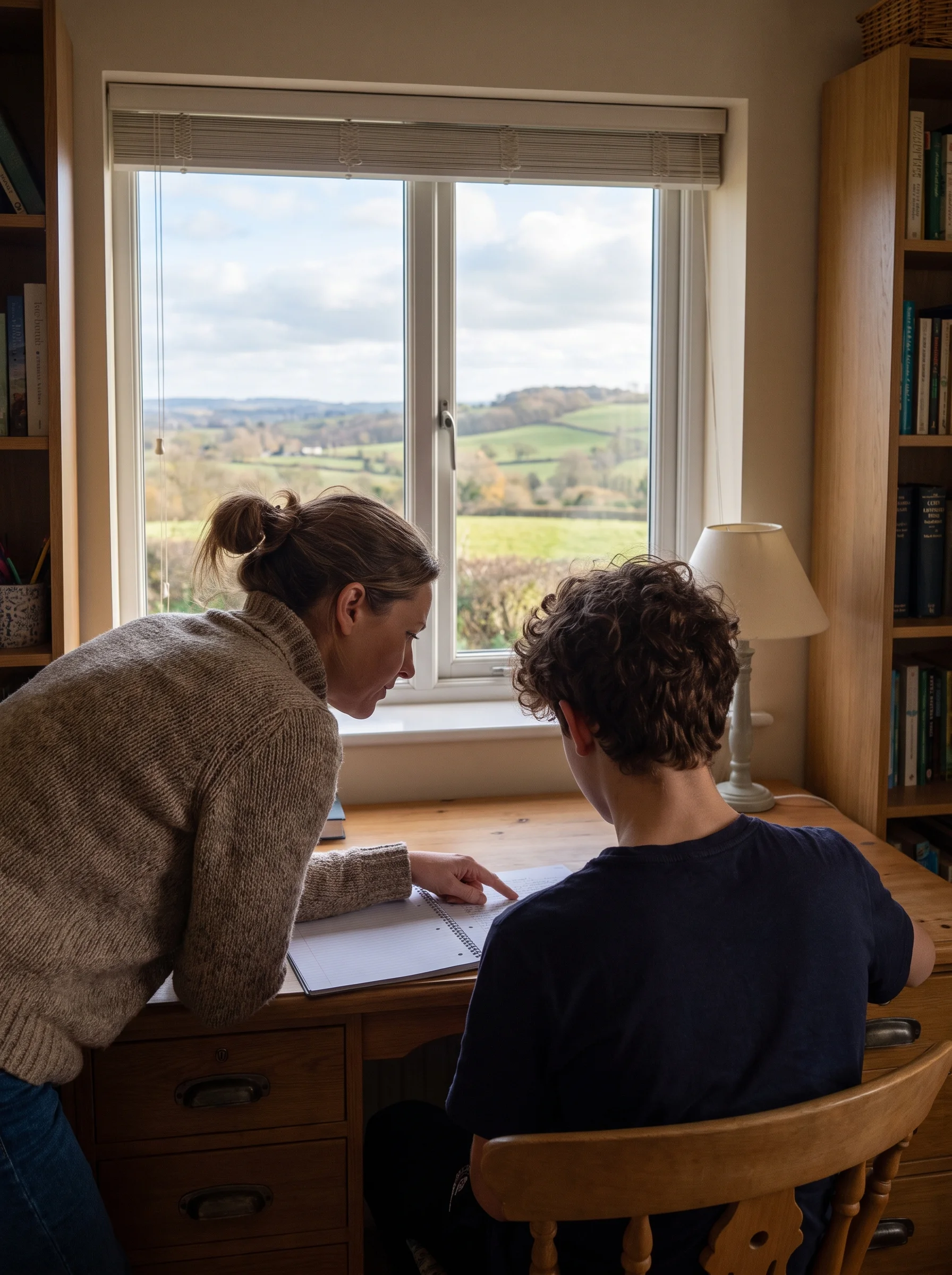 A teenager and Anna at the desk in profile from behind, the Shropshire hills soft through the window in front of them