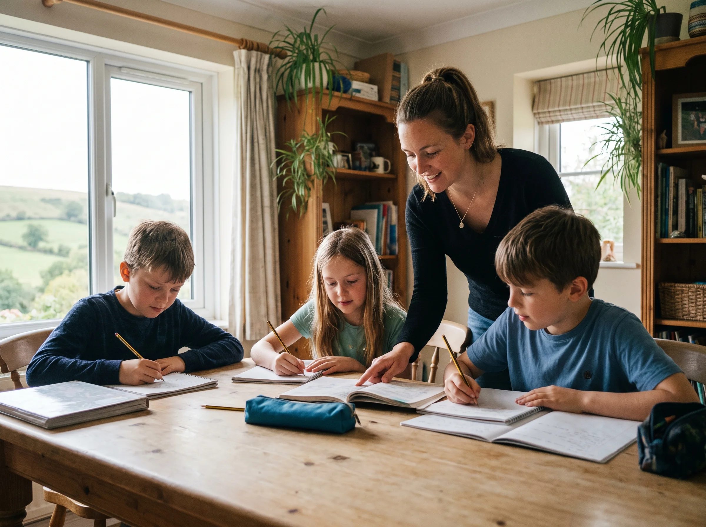 Three children working together at the study room table with their heads bent, Anna standing behind them
