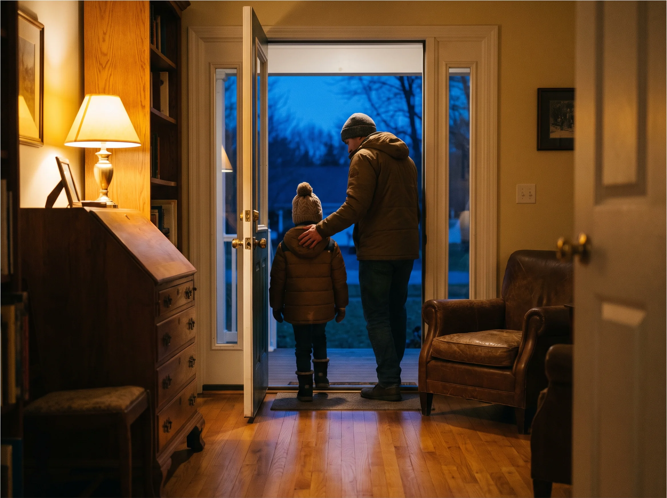 A parent and child standing in an open doorway, looking out from a lit room into the dusk.