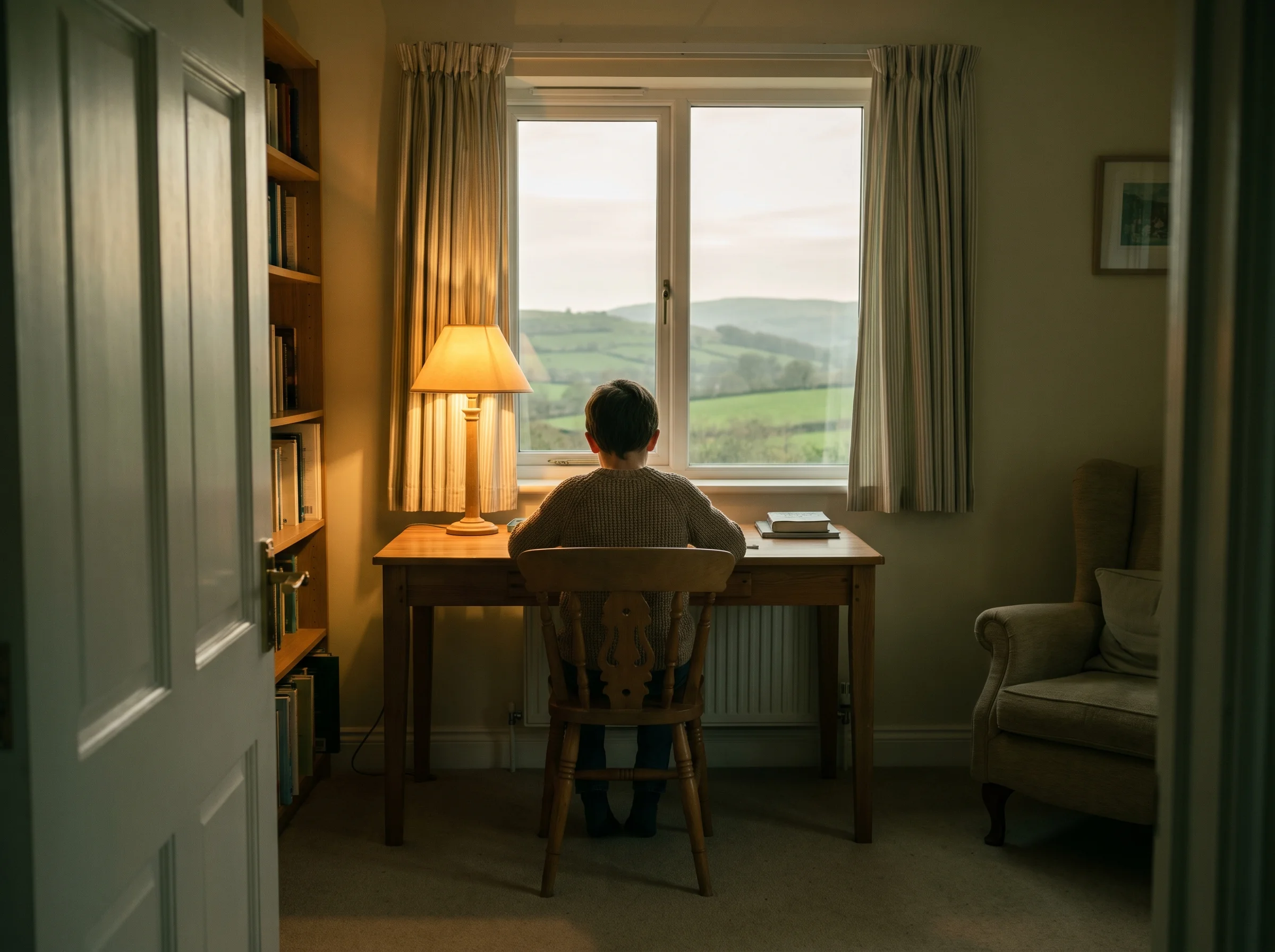 The study room seen from the doorway, a pupil at work at the desk under the window with green hills beyond