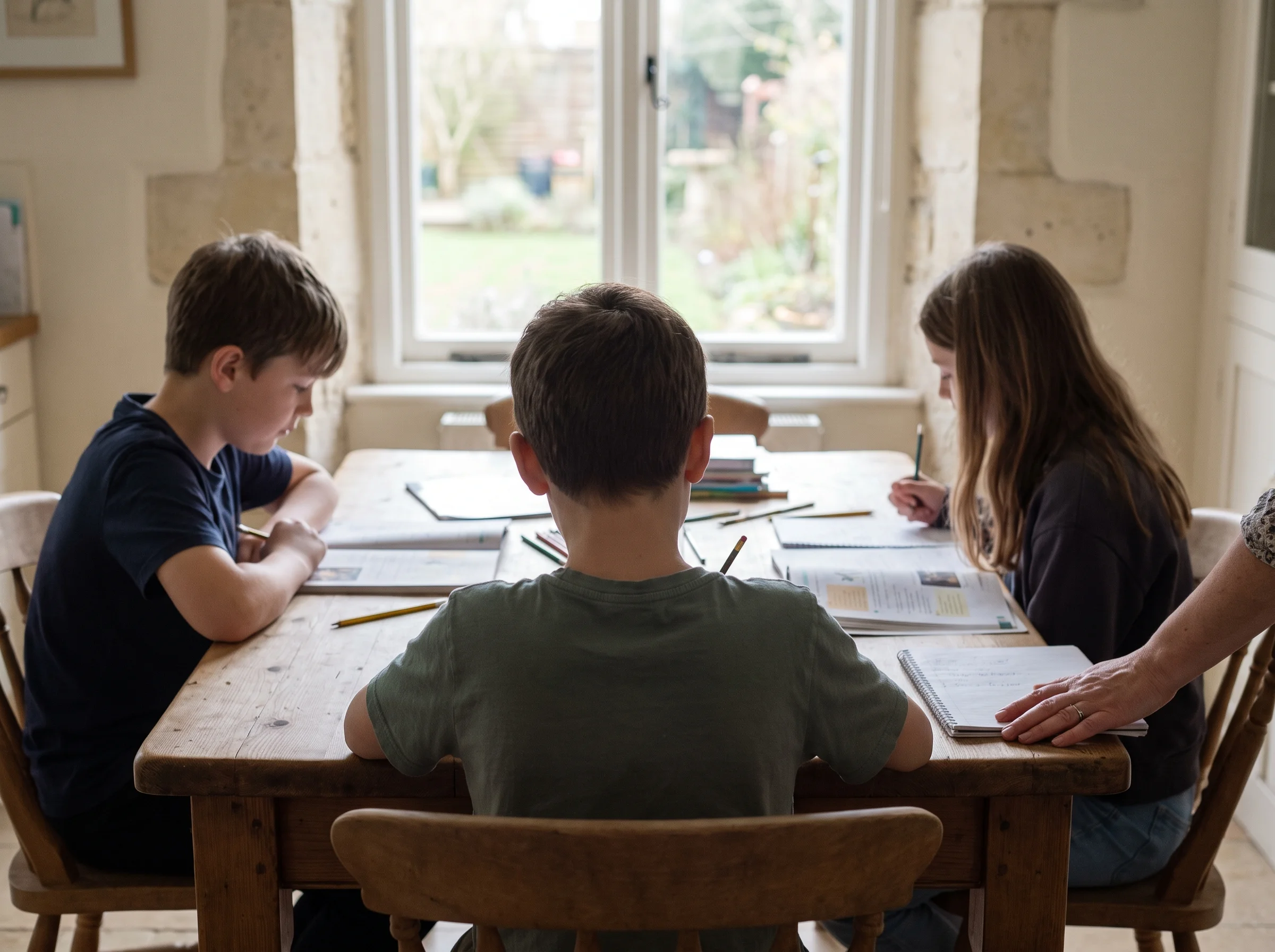 Three children working together at the study room table, Anna's hand resting on the table edge