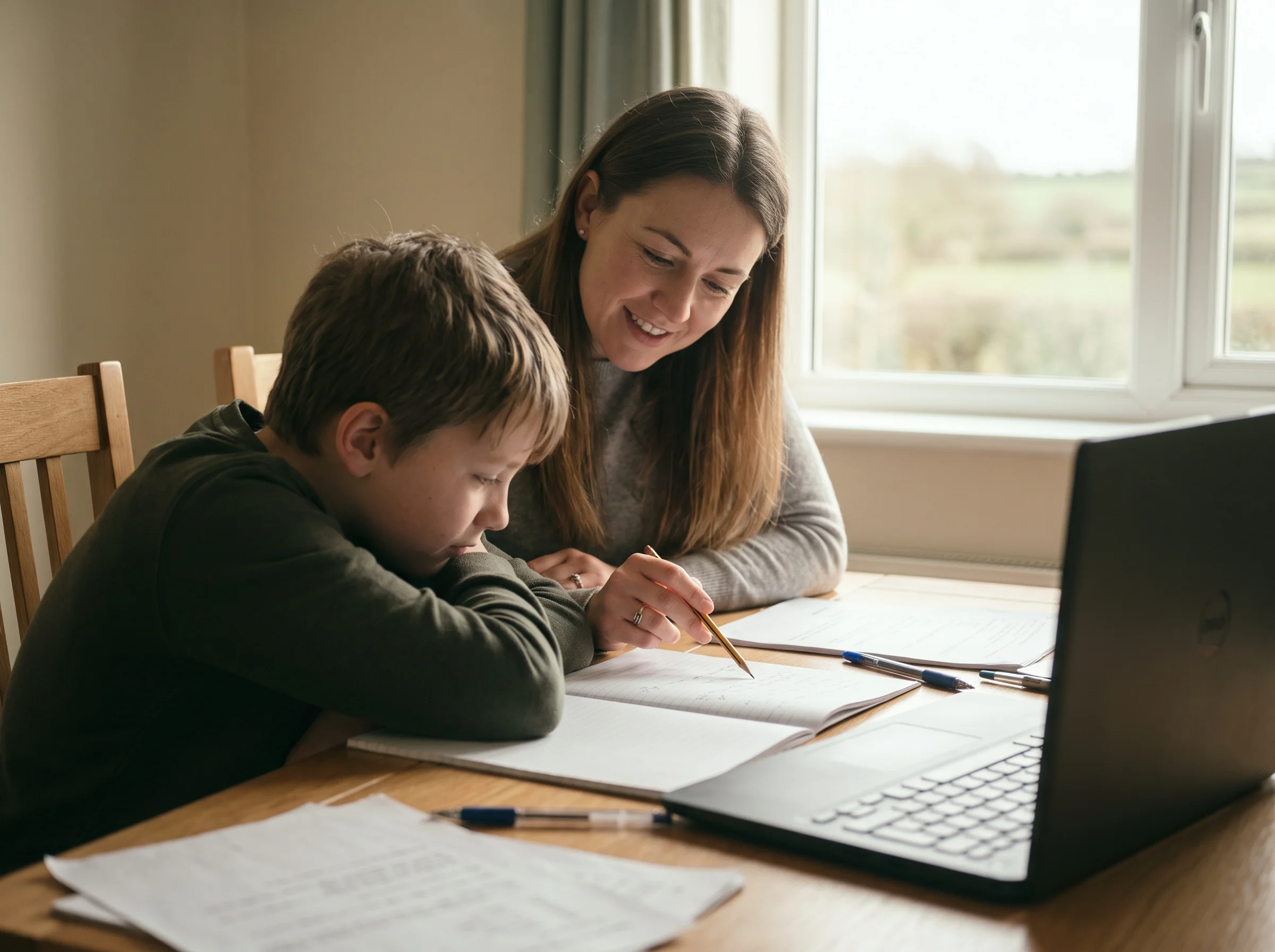 A woman and a child sitting side by side at a wooden desk with notebooks and a laptop, seen over the child's shoulder as she points with a pencil.