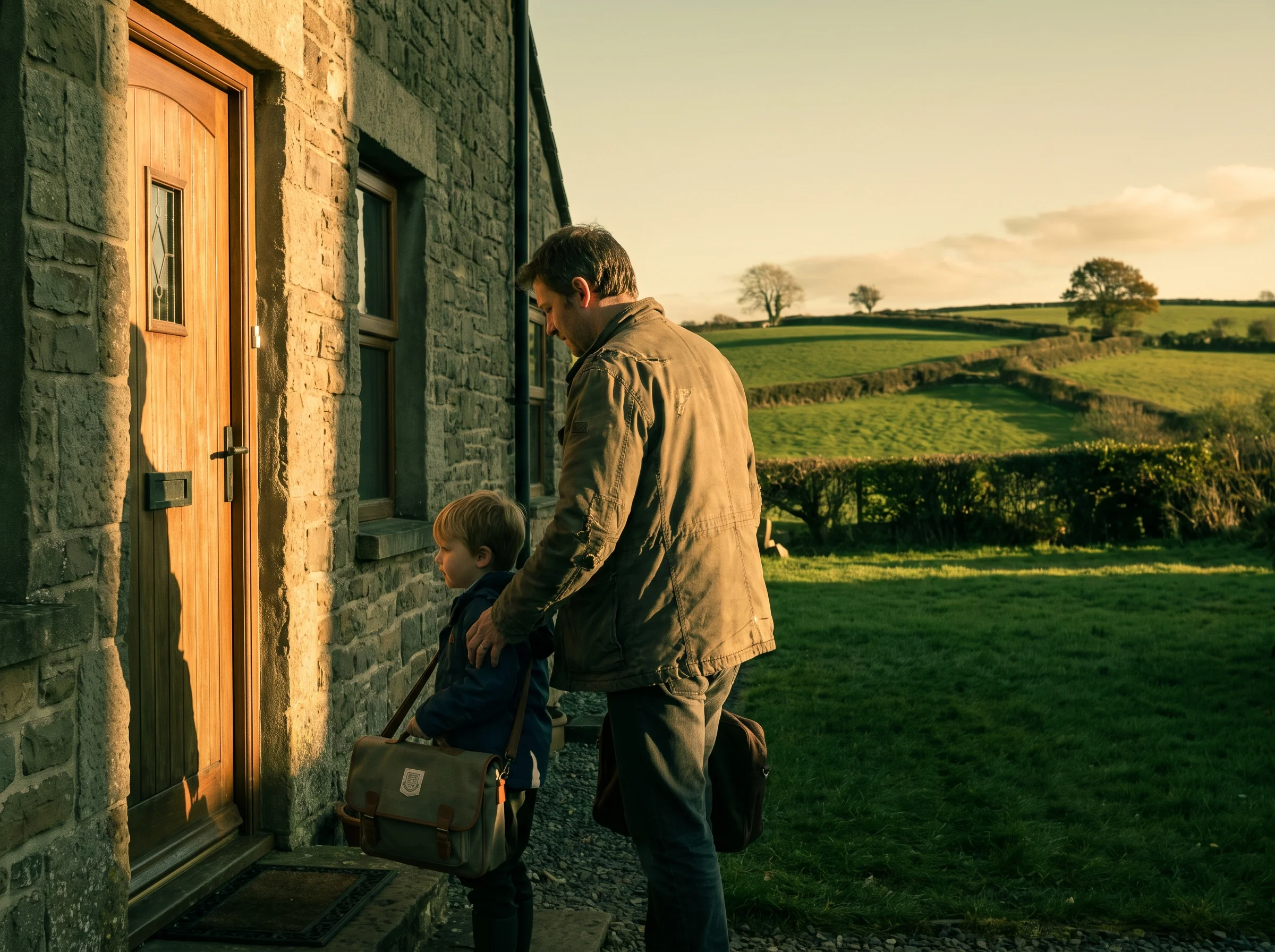 A parent and child with a school bag arriving at the study room door in late-afternoon light, fields behind them