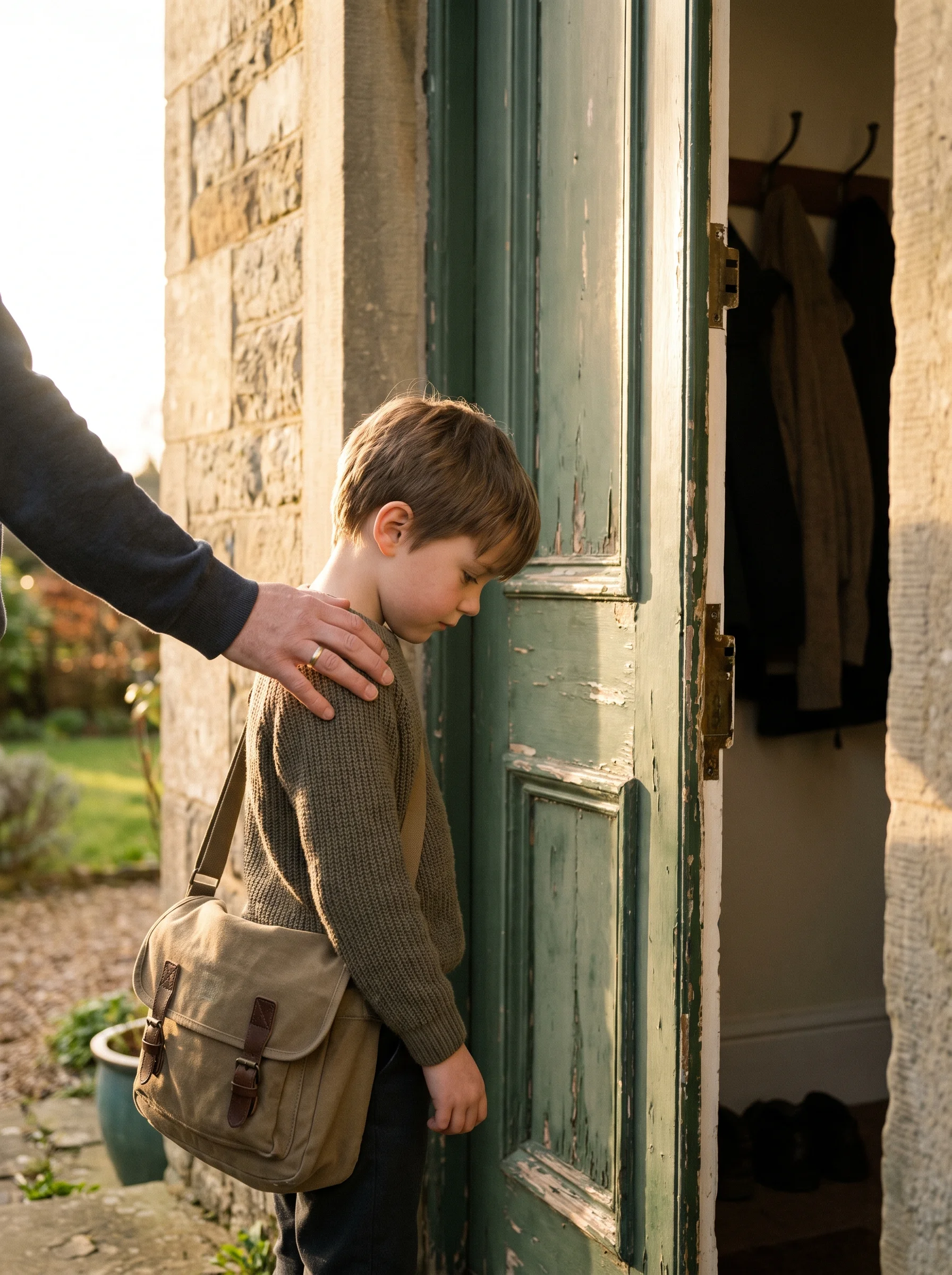 A younger child with a school bag arriving at the study room door in late-afternoon light, a parent's hand on their shoulder